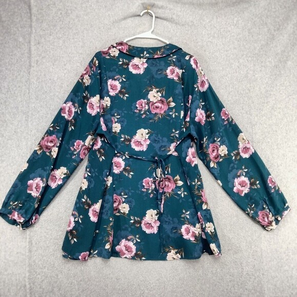 Torrid Harper Blouse Wmns Sz 2 Georgette Teal Floral Long Sleeve Back Tie V-Neck - Picture 9 of 12